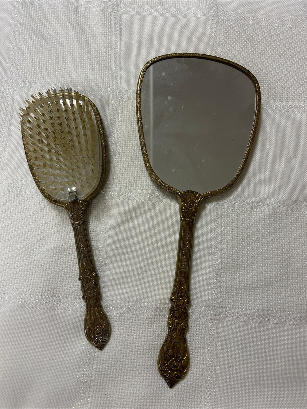 Vintage-Style Gold Hand Mirror and Hairbrush Set
